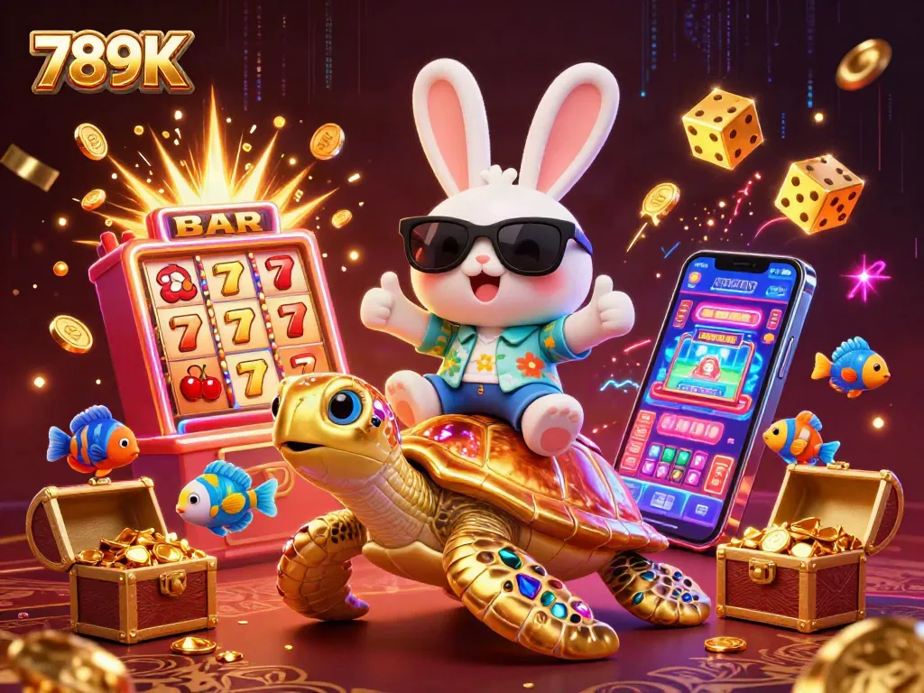 Experience the thrilling atmosphere of 789K as the lucky rabbit celebrates a big casino win amidst dazzling game visuals.