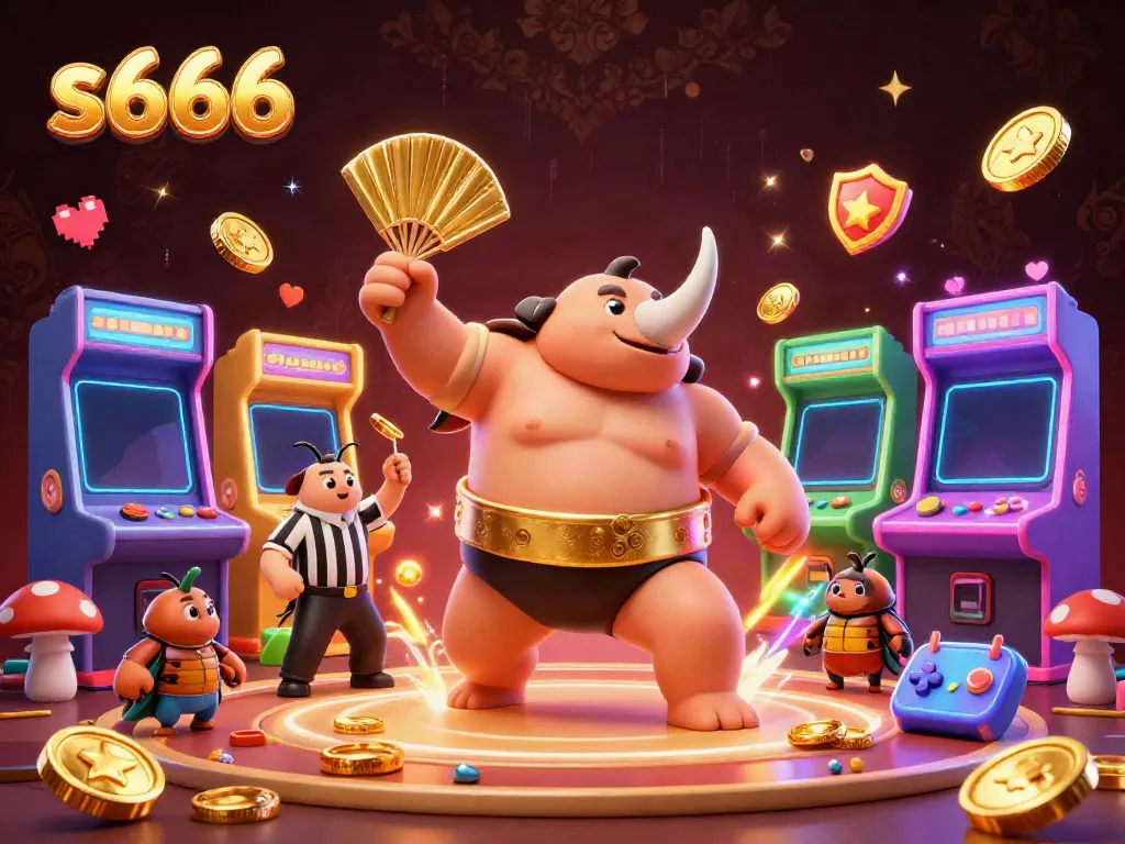 Witness the exciting action in the s666 casino with a sumo beetle champion and glowing arcade elements.