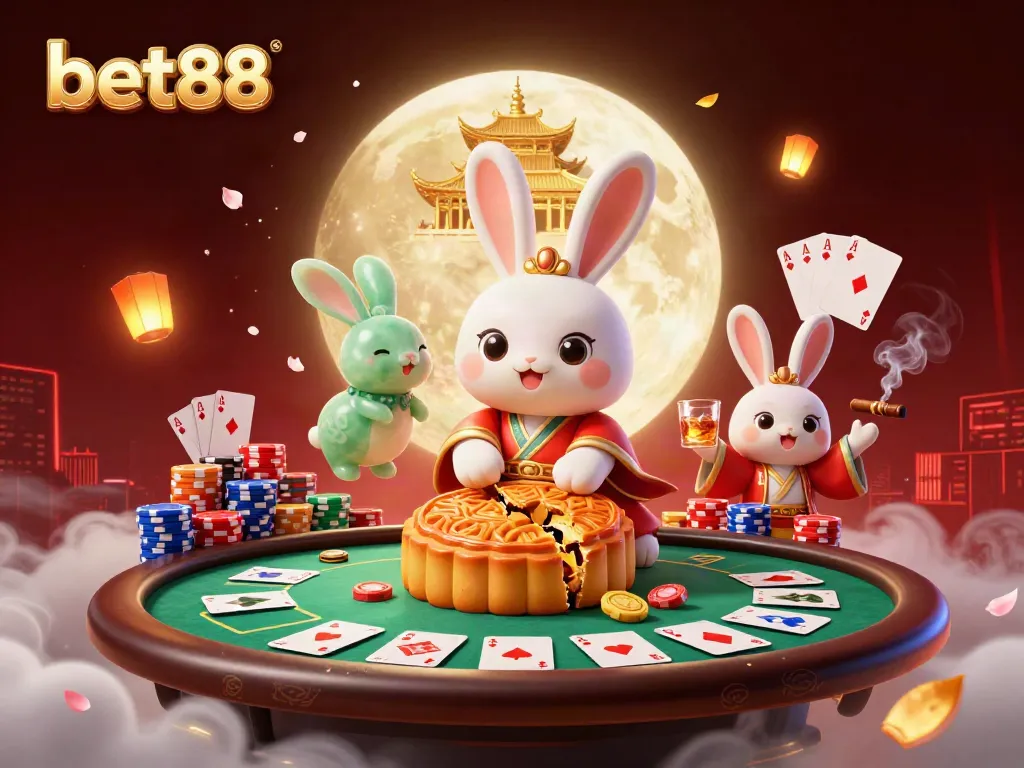 Bet88 showcases a vibrant 3D casino scene with animated moon rabbit characters, poker elements, and festive decorations.