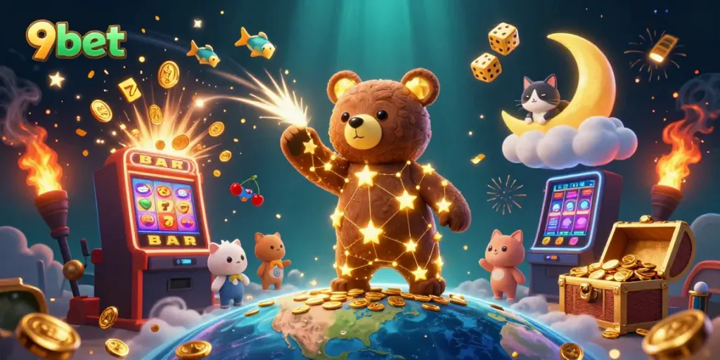 Engaging 3D illustration featuring 9bet's constellation bear and casino elements for an exciting gaming experience.