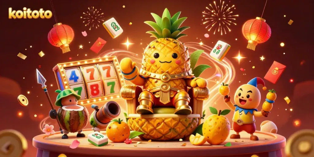 Gambarkan suasana permainan koitoto dengan raja nanas emas duduk di takhtanya dikelilingi penjaga dan elemen slot yang ceria.