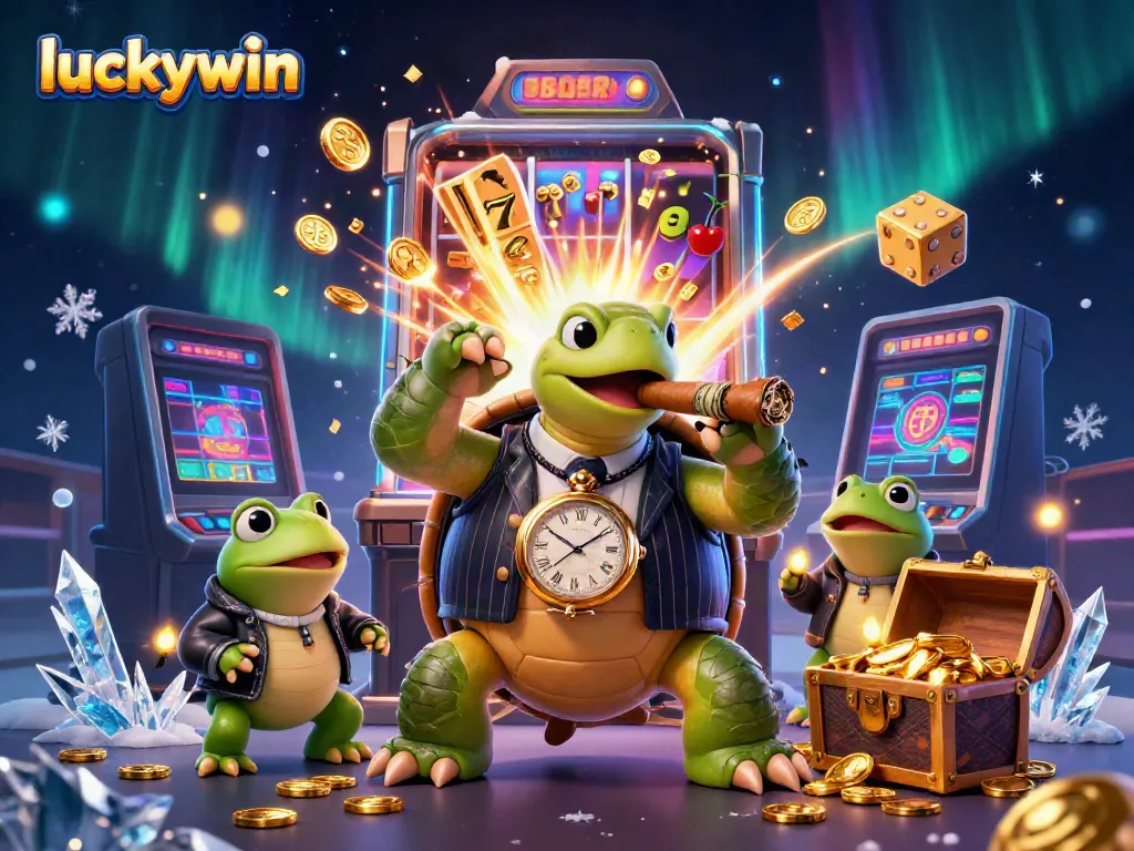 Engage with luckywin’s vibrant casino scene featuring a turtle in a pinstripe suit, flying slot symbols, and a jackpot explosion.