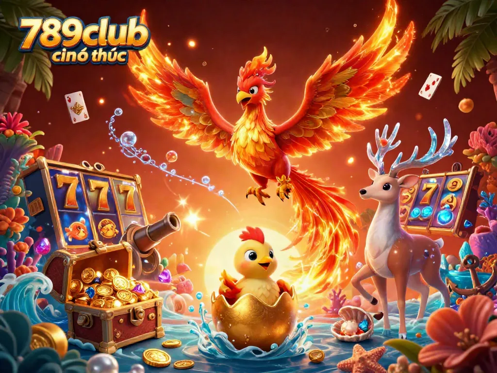Play games at 789club chính thức with vibrant phoenix and mystical stag among casino treasures.