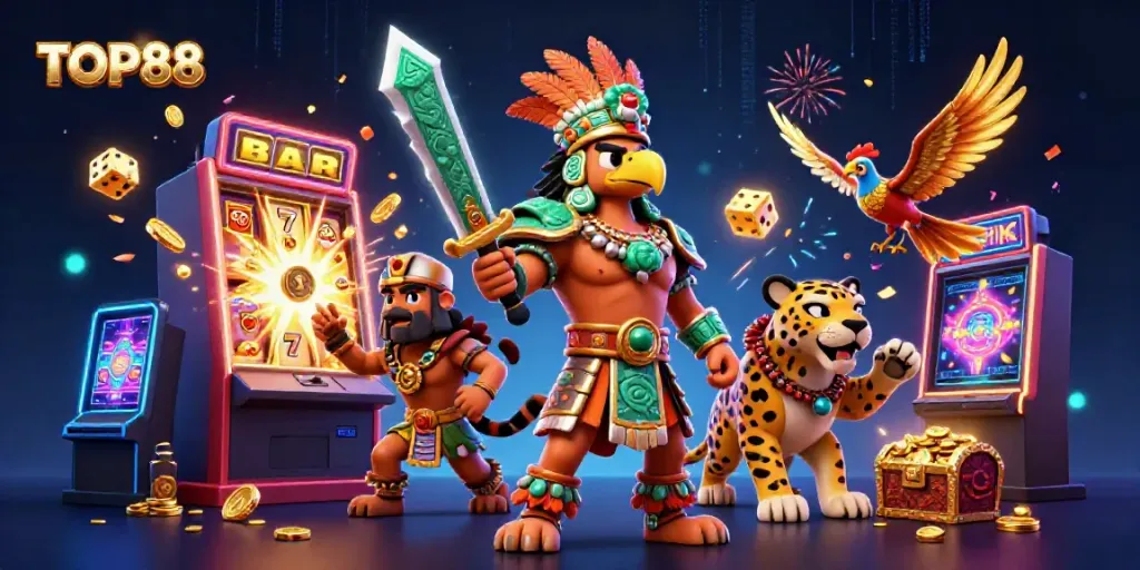 Experience the excitement of TOP88 with a vibrant 3D illustration depicting casino gaming elements.