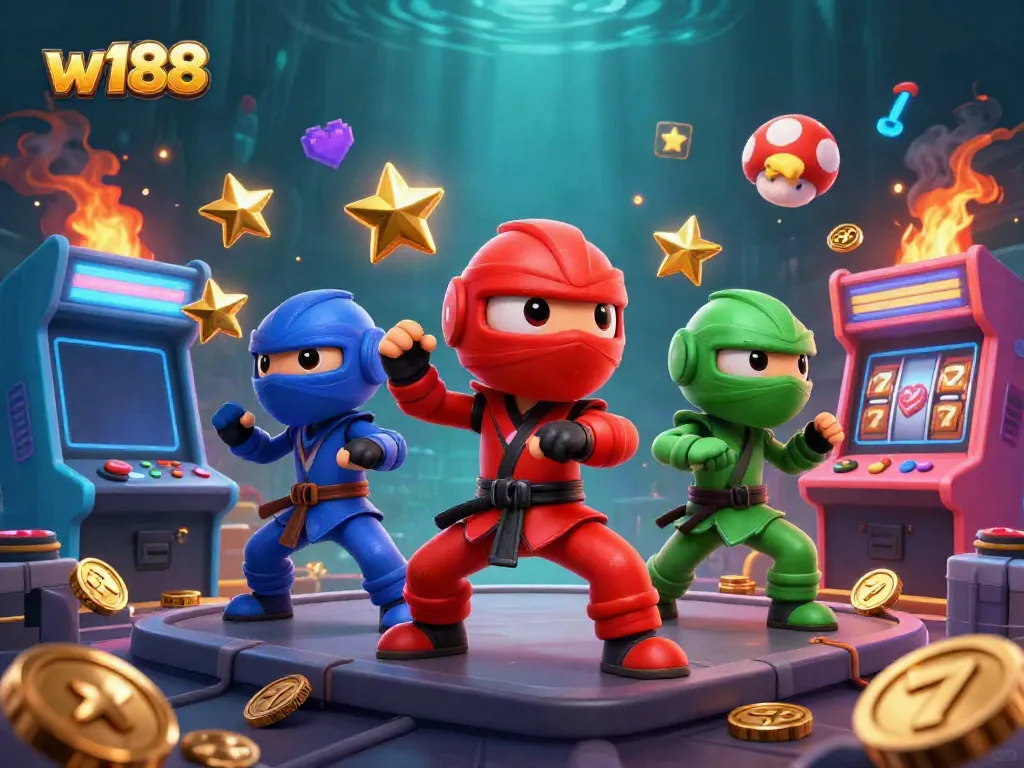Experience the excitement at w188 with 3D ninja chameleons amid glowing casino elements.
