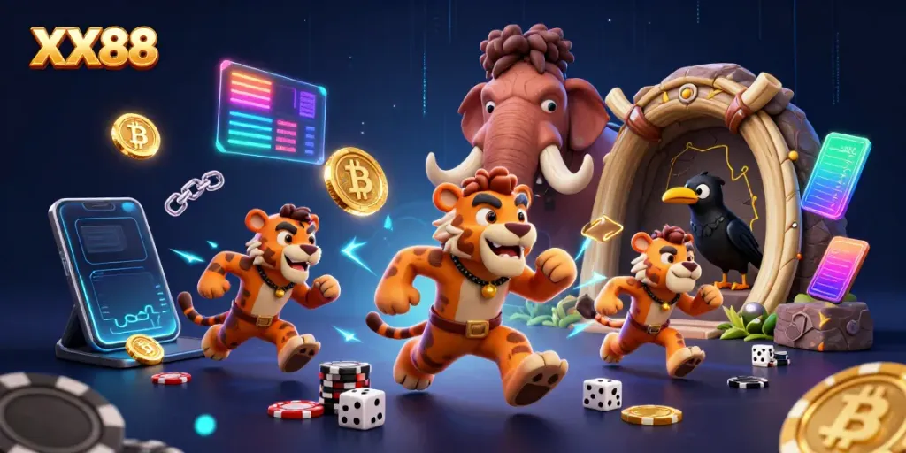 Experience winning at XX88 with a lively prehistoric casino scene featuring fun characters and digital betting elements.