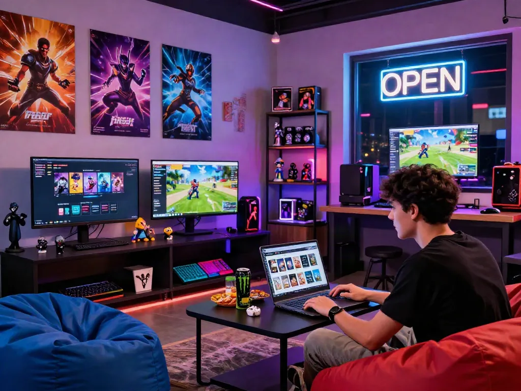 Warung168 digital gaming shop scene with vibrant displays and gamers browsing