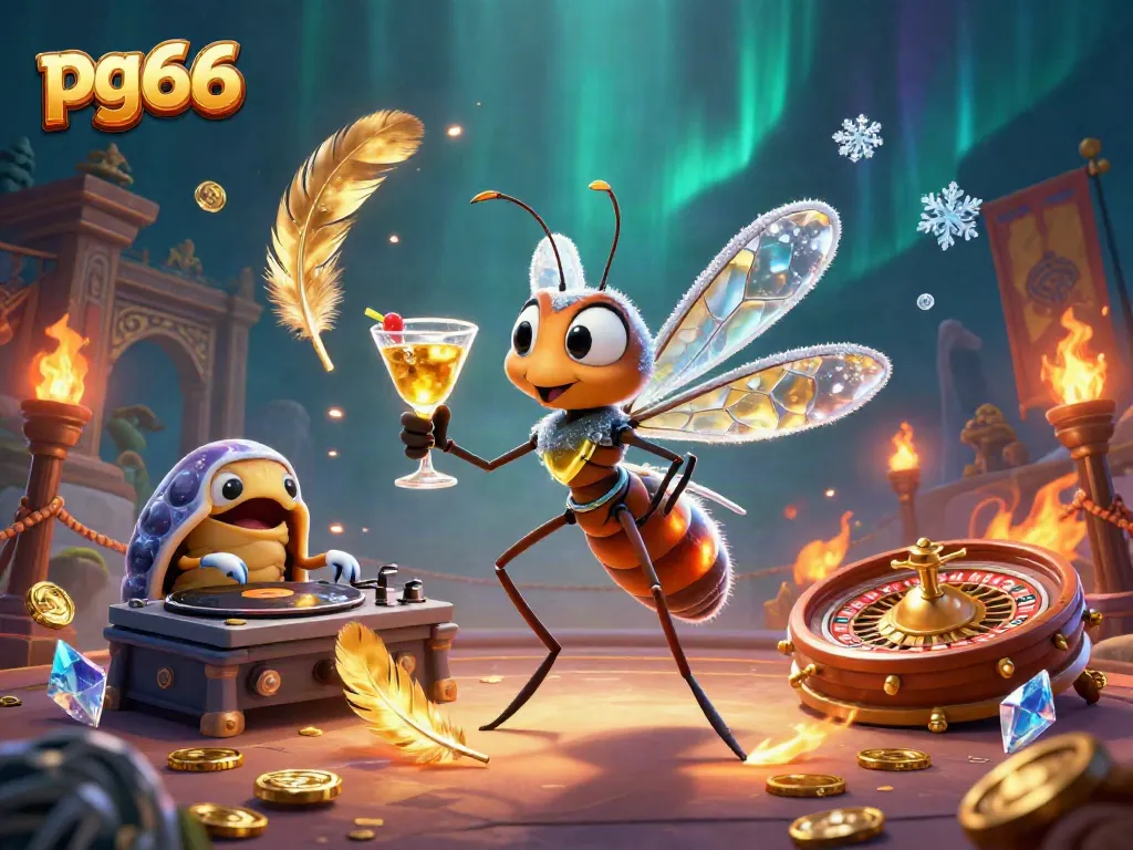 Experience excitement at pg66 with a lively 3D casino scene featuring unique characters and gaming elements.