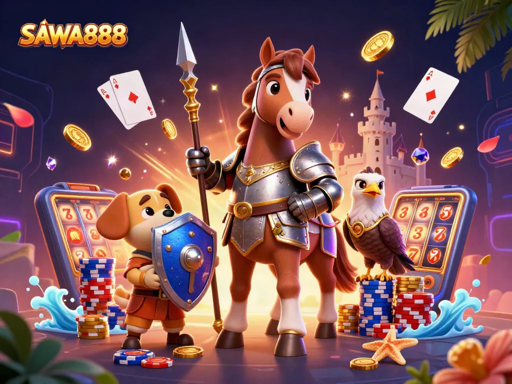 Experience the thrill of gaming with SAWA888, featuring knight and squire in a vibrant 3D scene.
