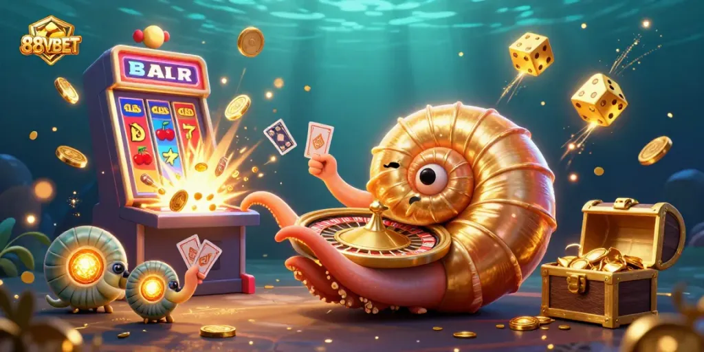 Experience the thrilling action of 88VBET with a vibrant illustration of a nautilus roulette and explosive slots.