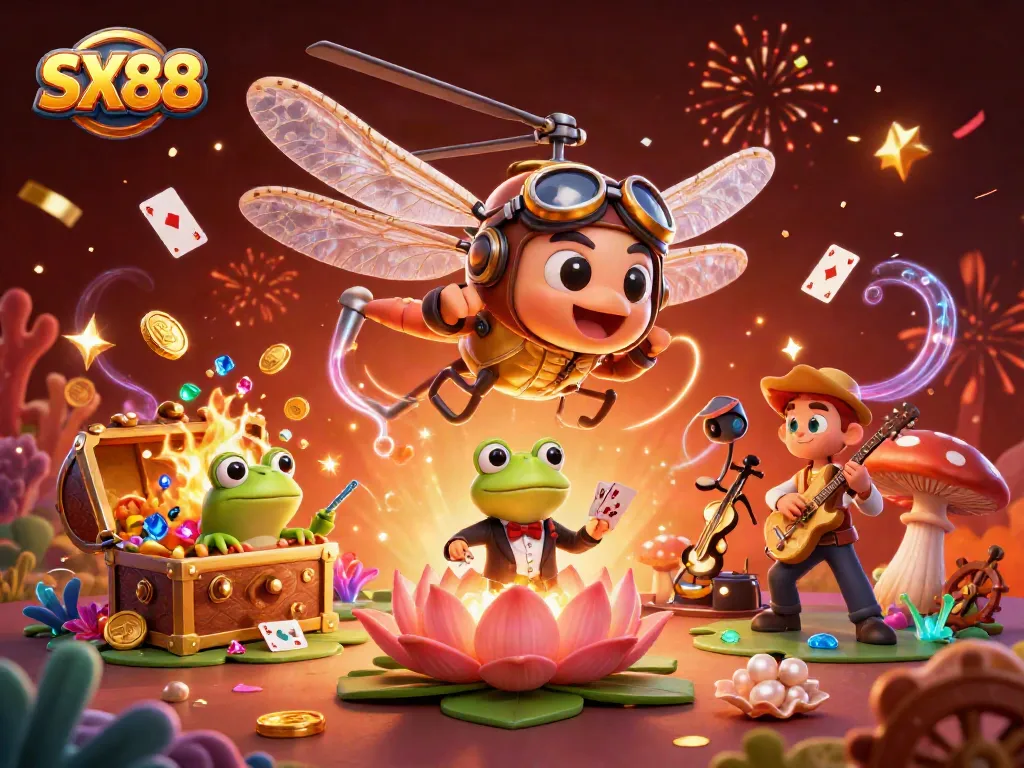 SX88 online casino scene with vibrant characters, gold coins, and celebratory casino elements.