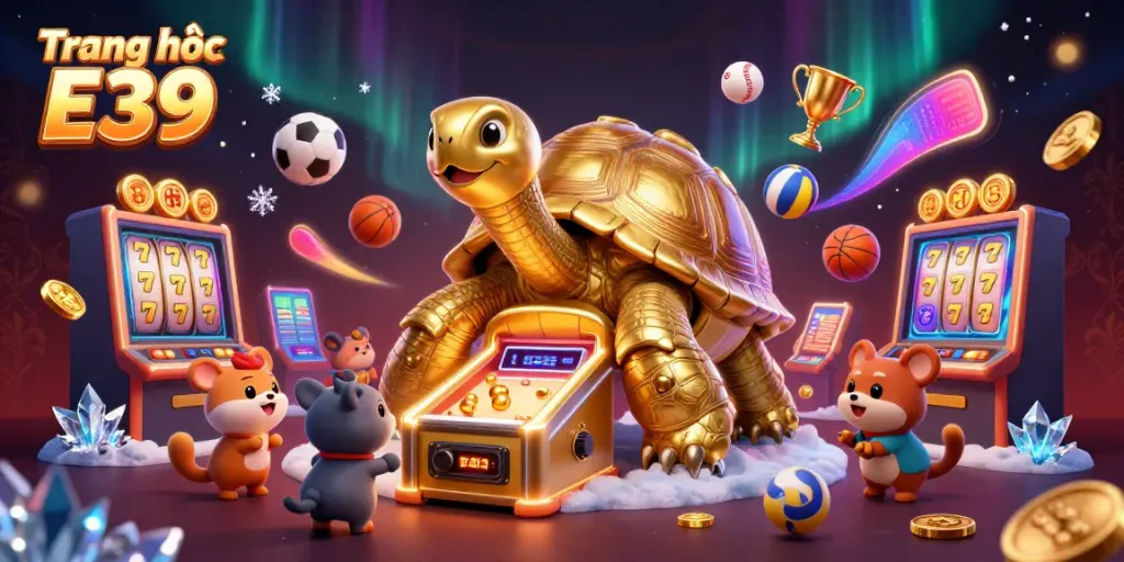 Play exciting games at Trang chủ E39 with a giant cartoon tortoise and vibrant casino elements.