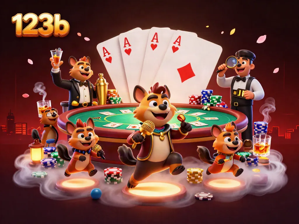 Experience the excitement of 123b with vibrant hyenas entertaining in a lively casino setting.