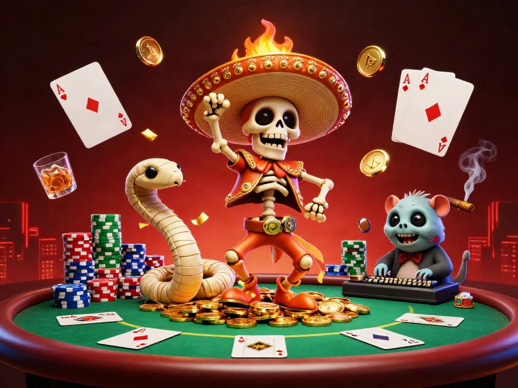 Join the AE888 victory dance in a vibrant casino scene full of poker action and golden treasures.