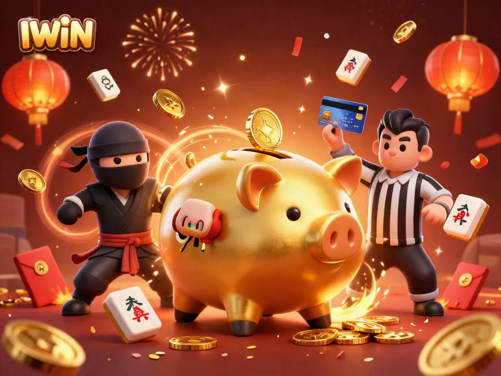 Experience IWIN with a vibrant 3D illustration showcasing dynamic action and celebratory elements in an online casino setting.