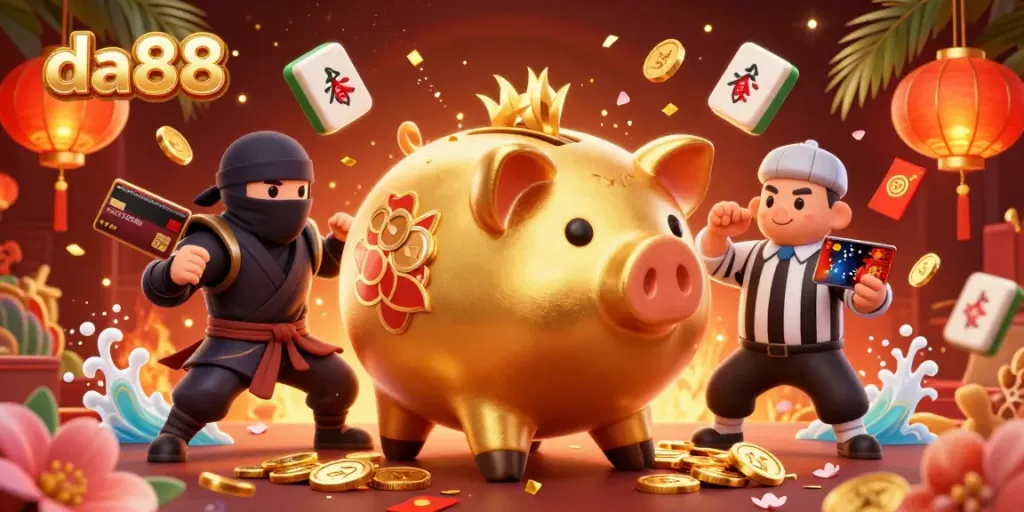 Engage with the energetic scene of da88 featuring a sumo wrestler, ninja, and samurai amidst golden coins and festive elements in a vibrant casino illustration.