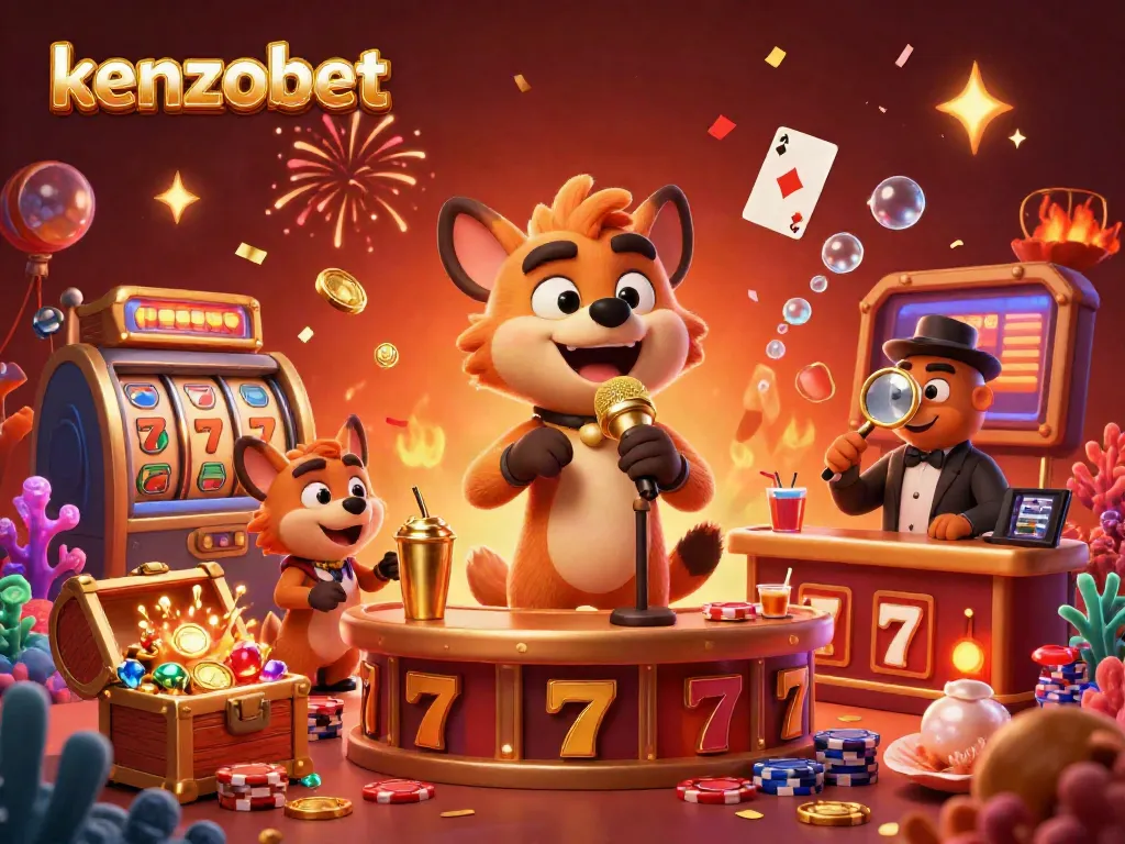 Experience the excitement of kenzobet in this lively comedy casino scene with hyenas, golden treasures, and vibrant decorations.