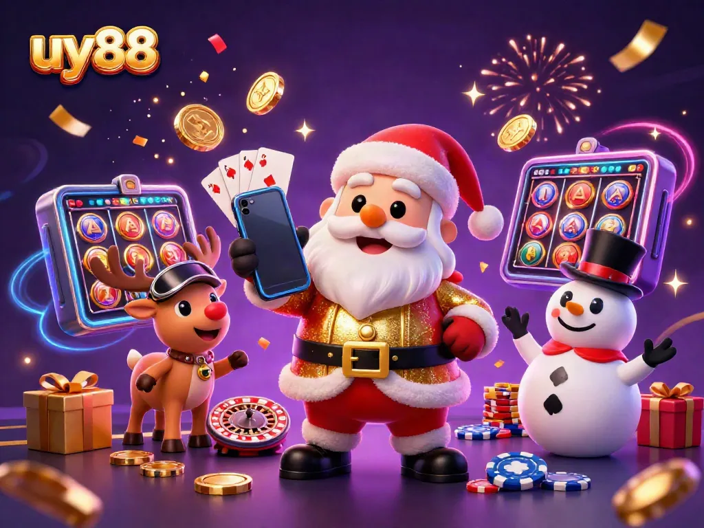 Experience the excitement at uy88 with Santa and friends celebrating jackpots amidst vibrant casino elements.
