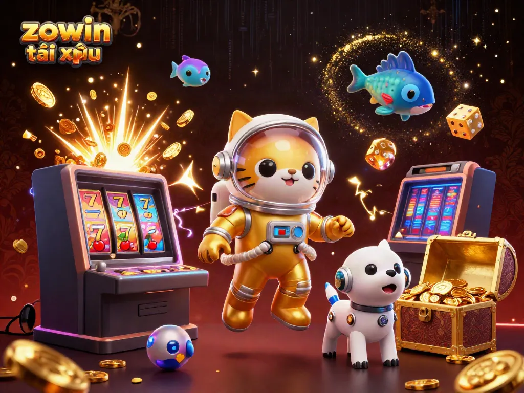 Experience the thrill of zowin tài xỉu with dynamic gaming elements illustrated in a colorful 3D scene.