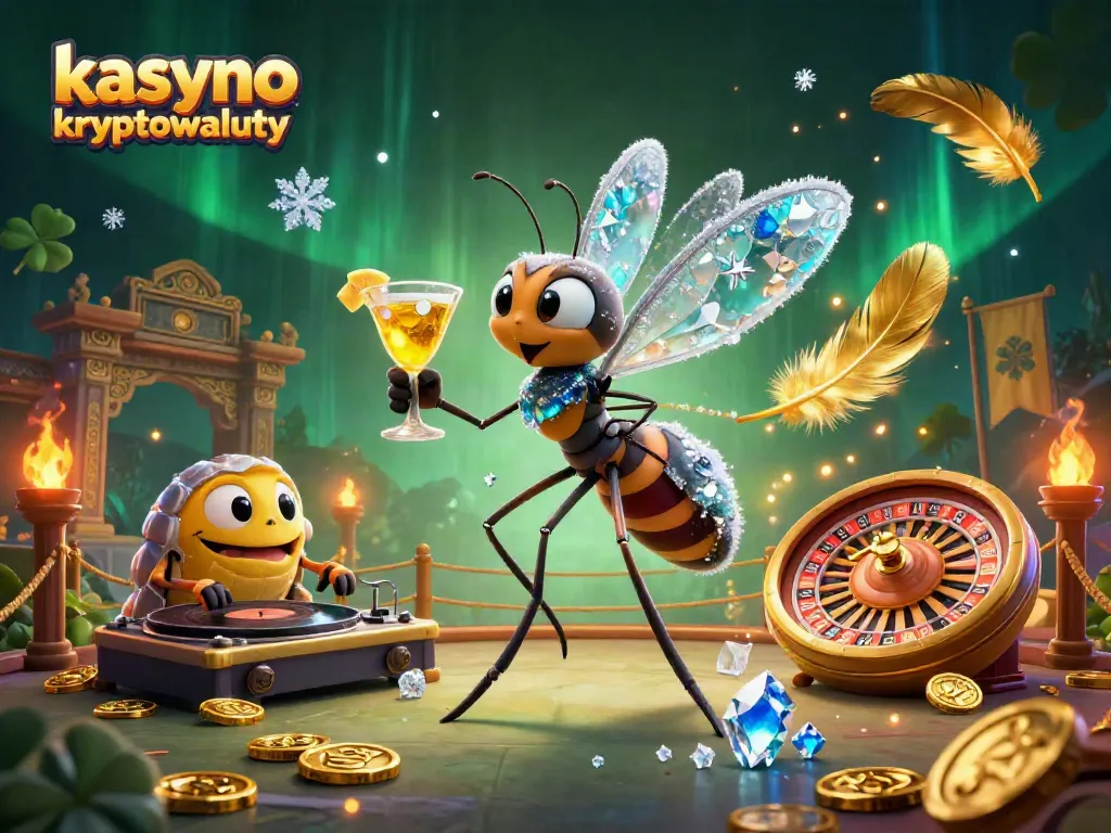 Engage in thrilling kasyno kryptowaluty experiences with a lively cartoon scene featuring unique characters and casino elements.