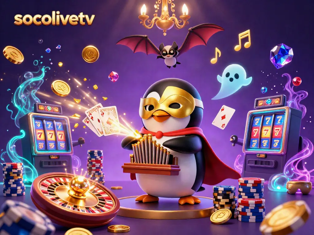 Experience thrilling gaming action with socolivetv featuring golden coins, classic casino elements, and vibrant mascots.