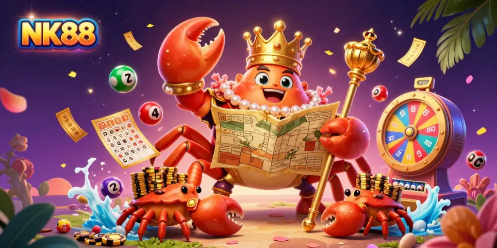 Experience thrilling games at NK88, featuring an extravagant golden crab emperor in a vibrant gaming realm.