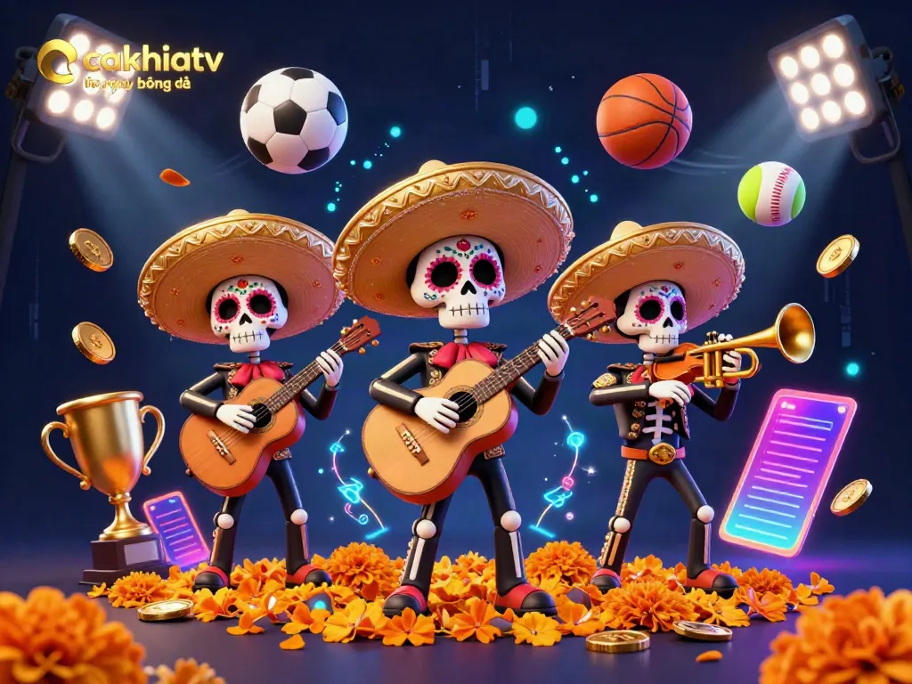 CakhiaTV trực tiếp bóng đá showcases a vibrant mariachi band scene filled with sports elements and energy.