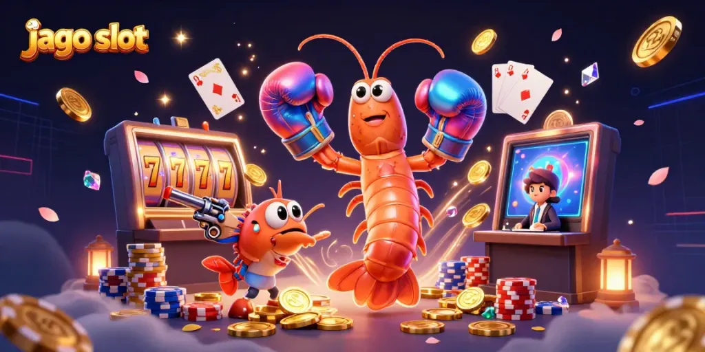 Mainkan jago slot dengan mantis udang dan teman-teman di dalam suasana kasino yang ceria dengan koin emas bertebaran.