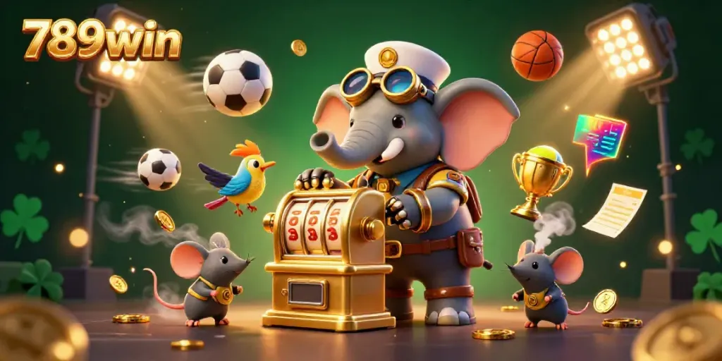 Experience the thrilling action of 789win with a steampunk elephant operating a golden slot machine.