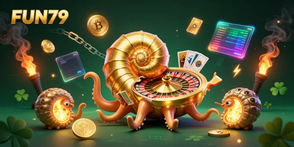 Engage in thrilling casino adventures with FUN79, featuring a glowing nautilus roulette wheel amidst vibrant gaming elements.
