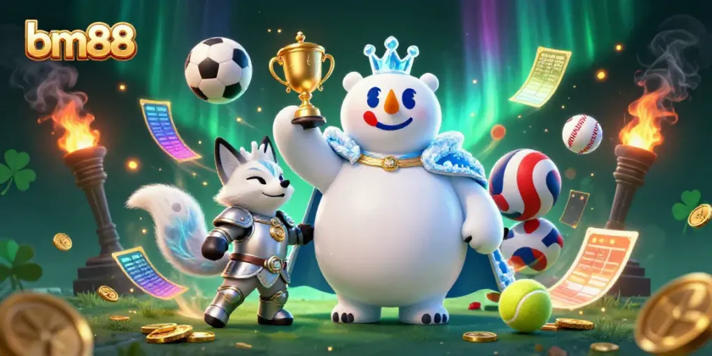 Win big with bm88 in a vibrant casino-themed 3D scene filled with dynamic sports elements.