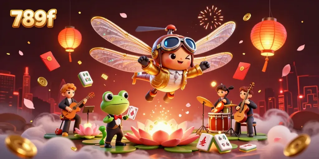 Experience the thrill of 789f in this vibrant casino scene featuring a dragonfly pilot and frog dealer.