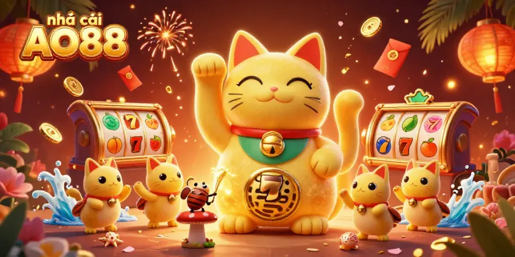 Engage with nhà cái AO88's vibrant casino charm featuring a lucky cat and festive details.
