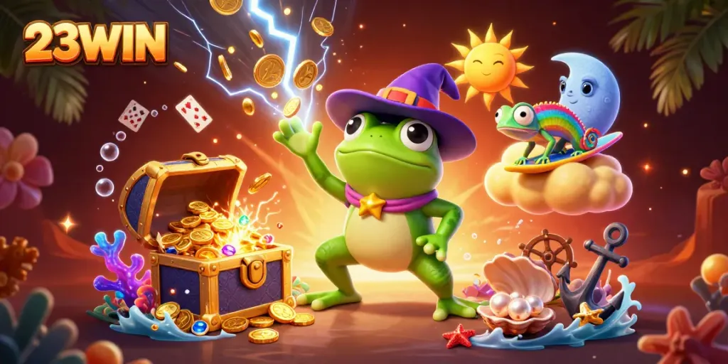 Unleash winning potential at 23WIN, featuring an exciting casino scene with vibrant characters and action-packed elements.