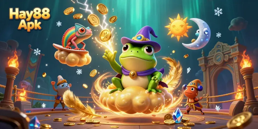 Experience the thrill of Hay88 Apk with a dynamic 3D illustration showcasing gambling elements and vibrant characters.