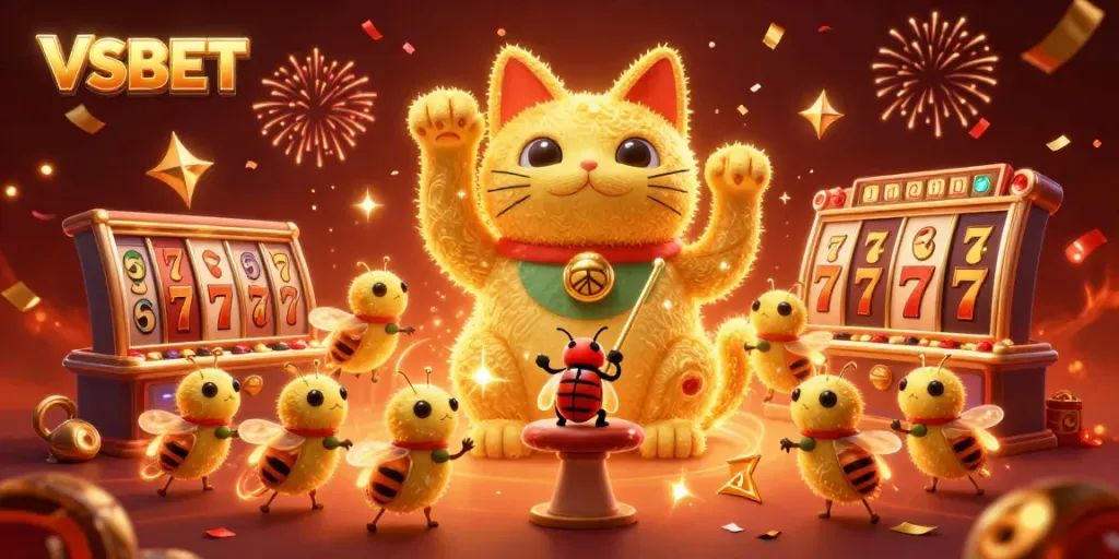 Experience the vibrant casino atmosphere at VSBET with animated characters and exciting slot elements.