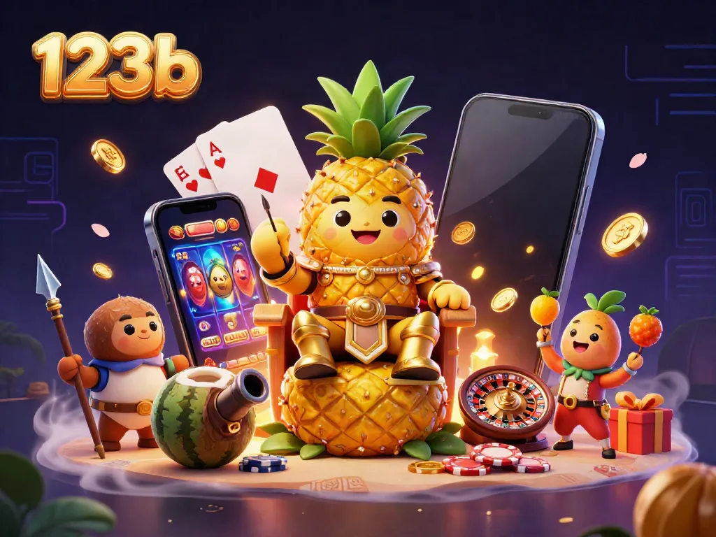 Experience the vibrant world of 123b with a playful casino scene featuring a golden pineapple king and lively characters.