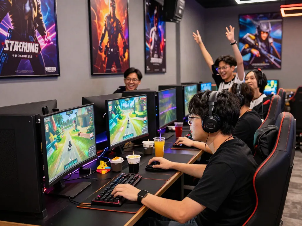 Gaming at warung168 café with friends, vibrant atmosphere and gaming displays.