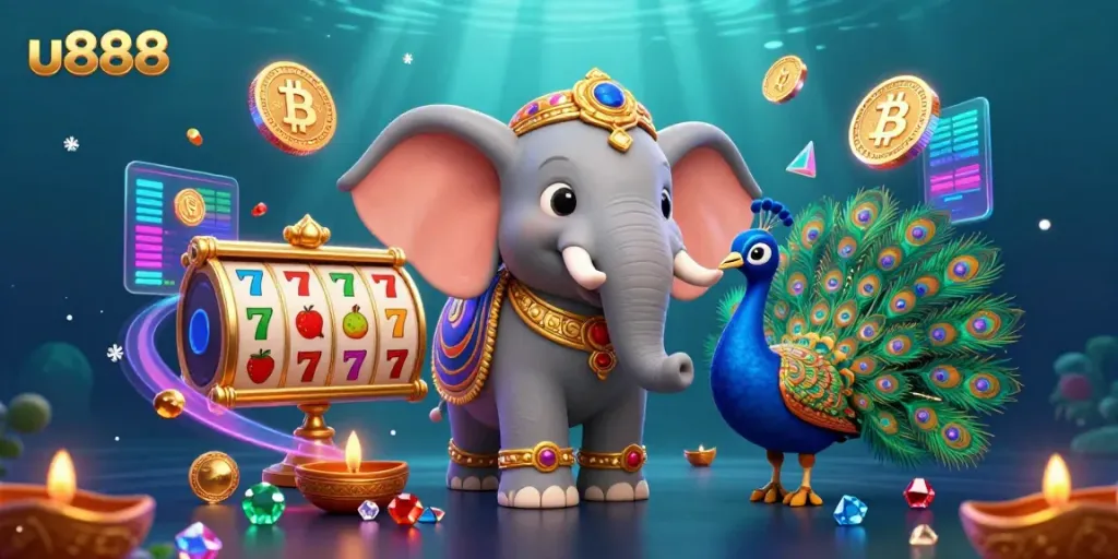 Experience the thrill of u888's casino games with a vibrant scene of slot reels and animated characters celebrating wins.