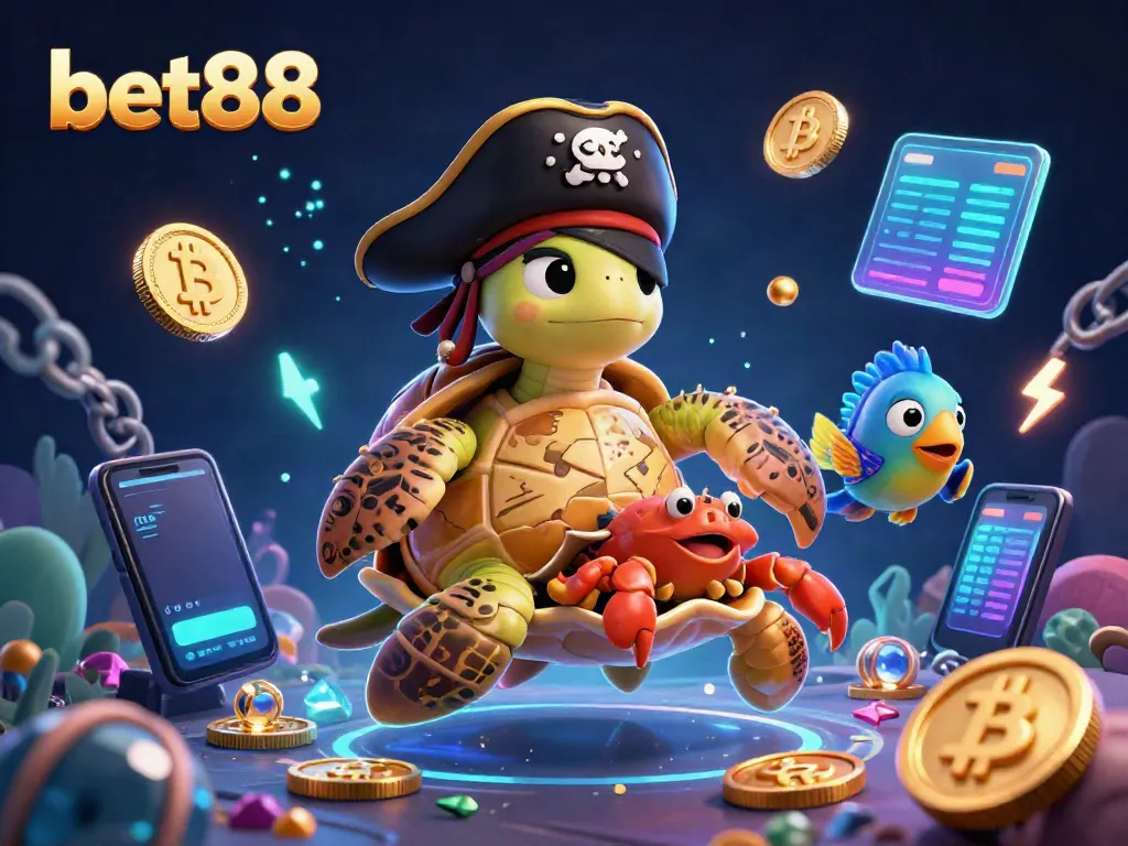 Experience the vibrant underwater world of bet88 with a colorful cartoon pirate turtle and crypto elements.