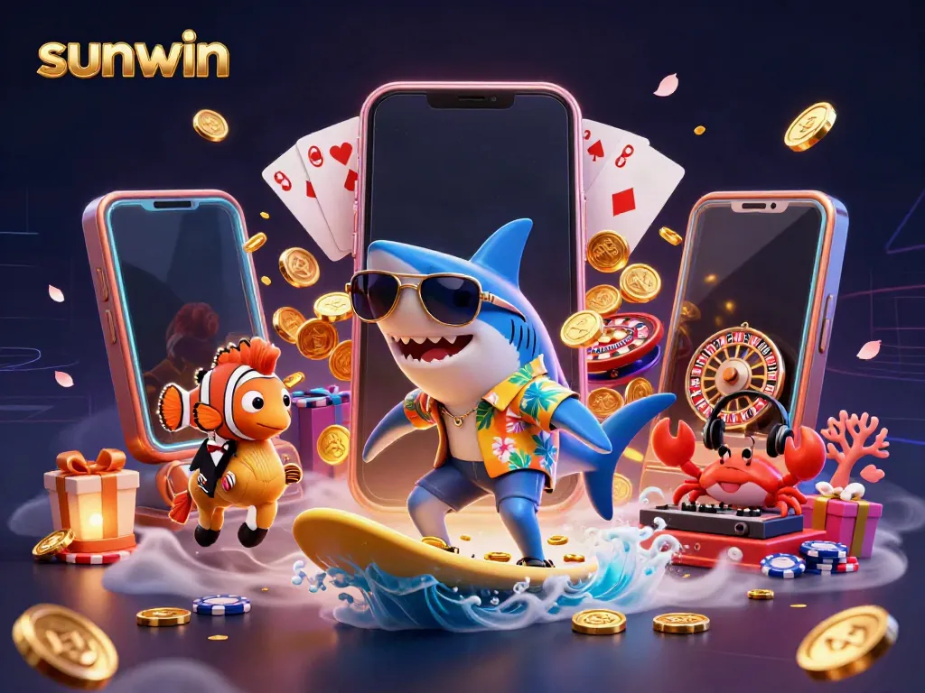 Surf with the sunwin shark on a wave of coins, highlighting exciting casino gaming elements.