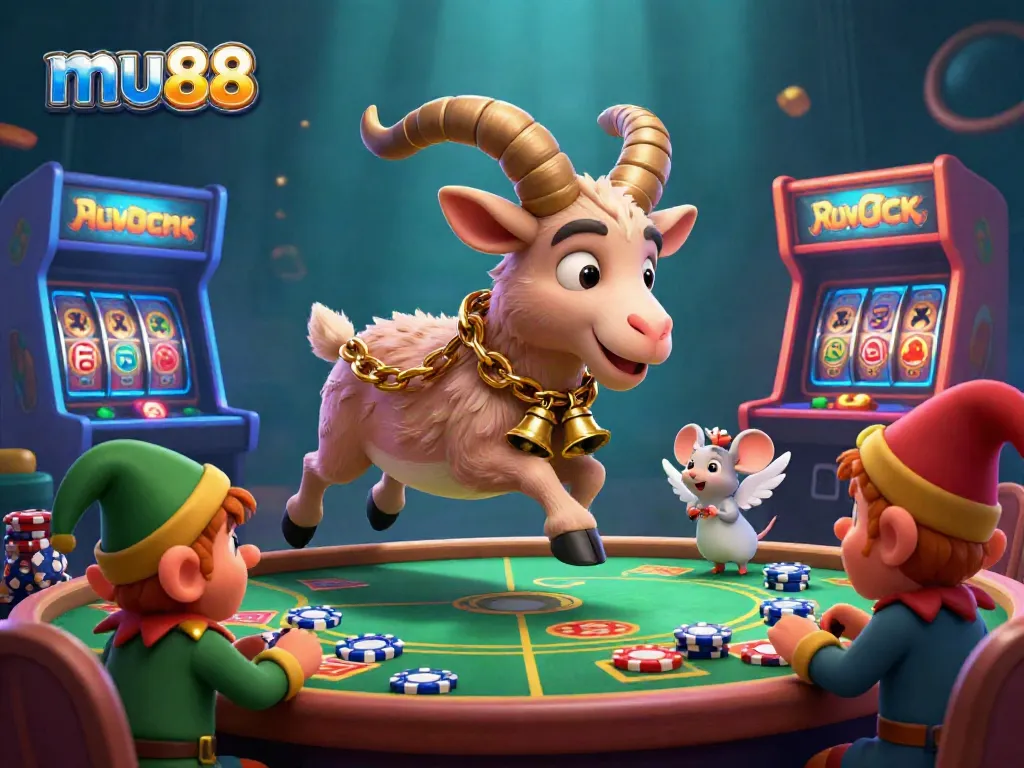 Experience exciting gameplay at mu88 with a whimsical 3D Krampus running a vibrant casino, engaging with charming characters in a colorful scene.