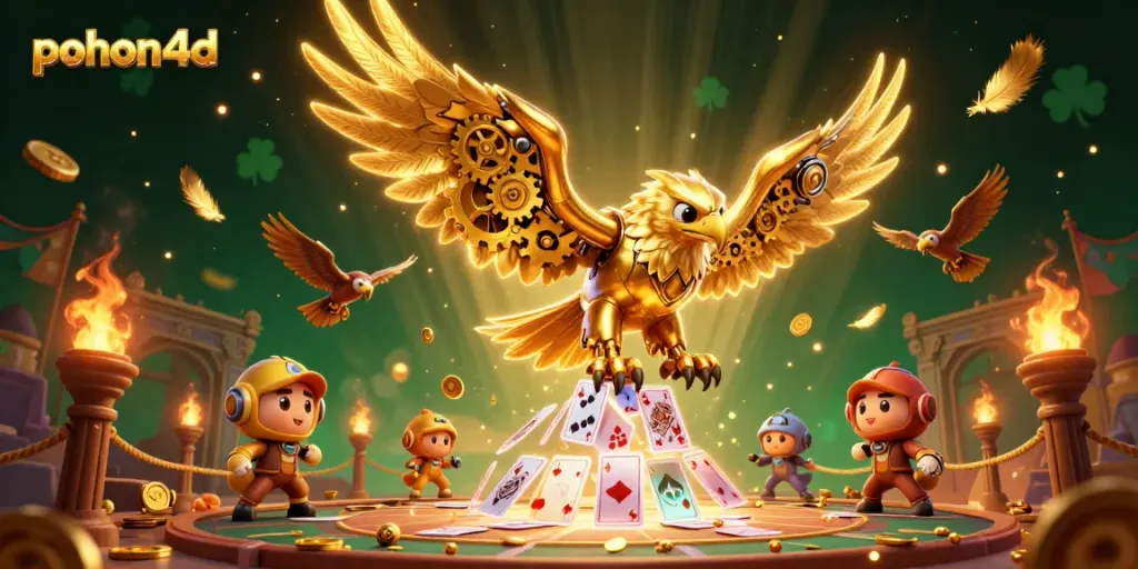 Experience thrilling action at pohon4d with a golden eagle diving through holographic cards in a vibrant casino setting.