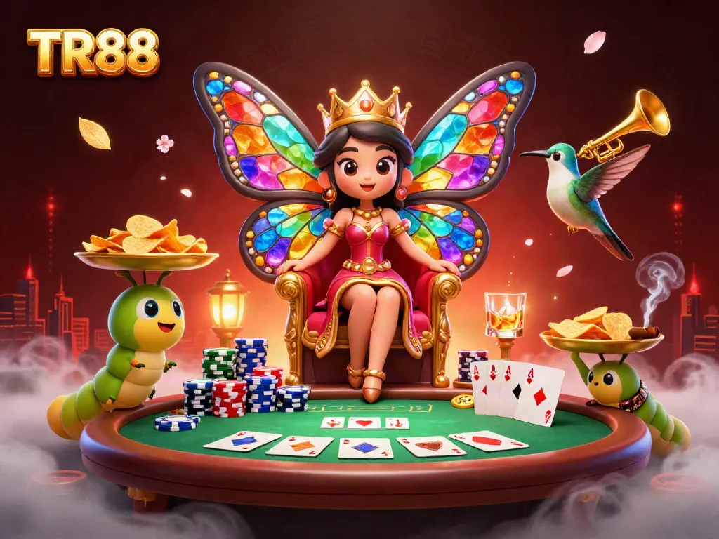 Engage in TR88 casino games with a vibrant butterfly queen and poker elements.