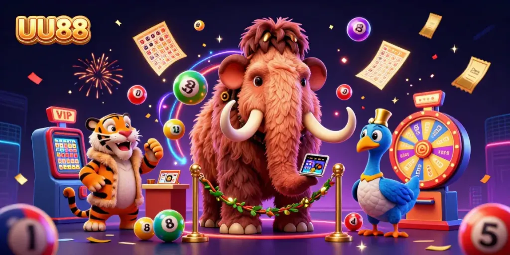 Experience thrilling casino adventure with UU88 in a vibrant, dynamic illustration featuring mascots.