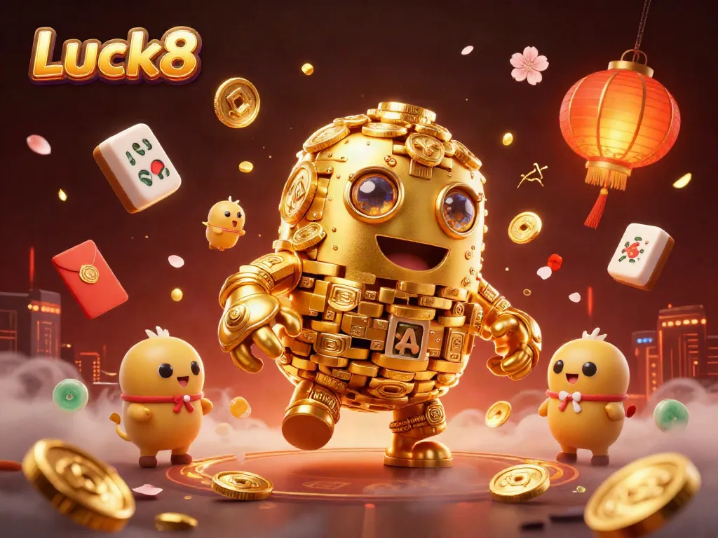 Luck8 golden golem surrounded by vibrant casino elements and festive decorations as it spins winning coins.