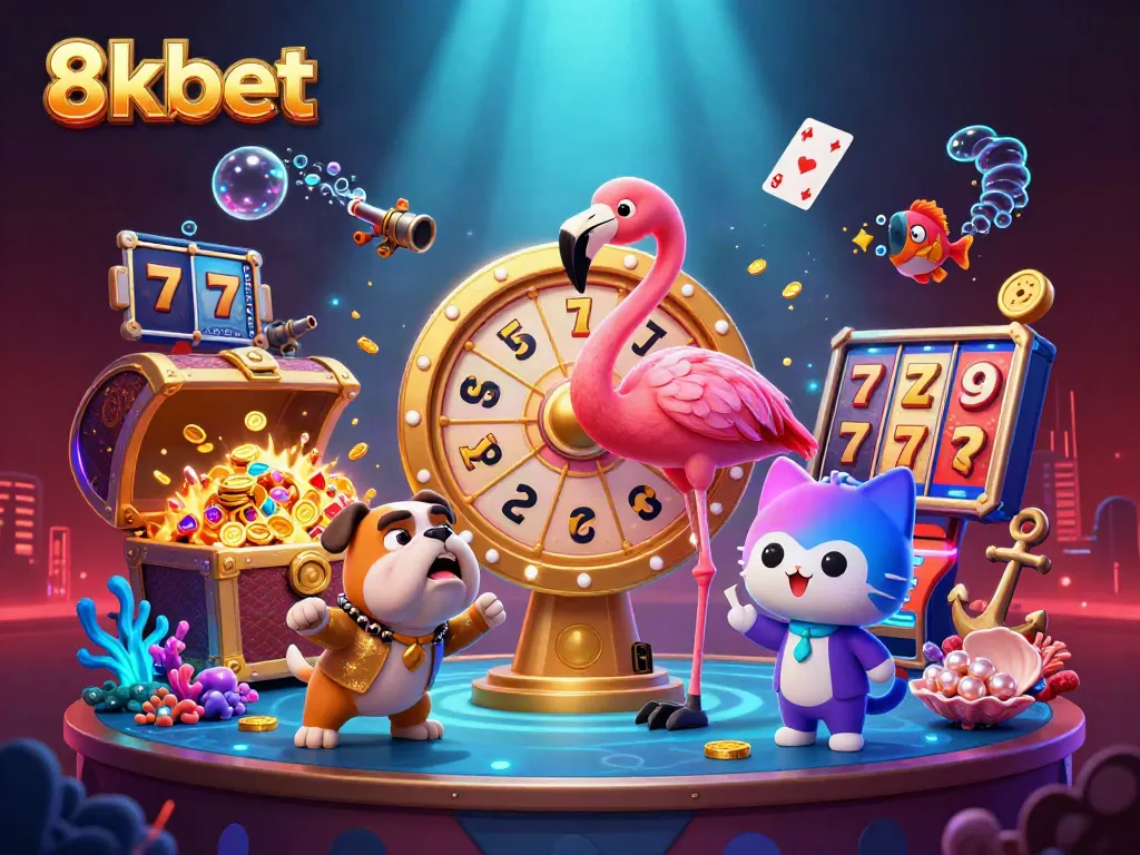 Spin the giant prize wheel with 8kbet as the bulldog contestant celebrates winnings in this vibrant casino scene.