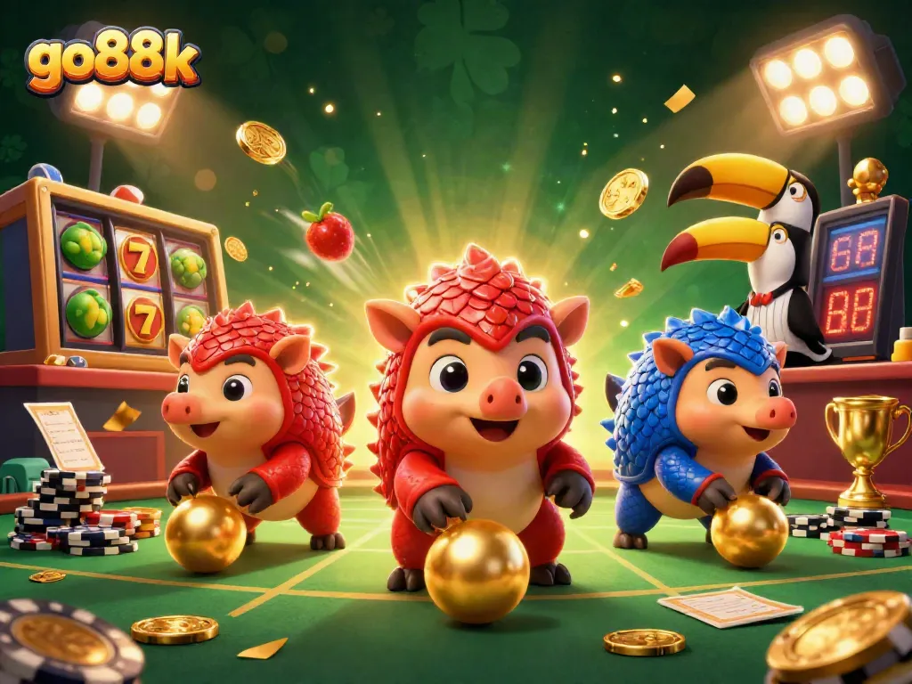 Spin the reels with go88k as rival pangolins compete in a vibrant, energetic casino scene.
