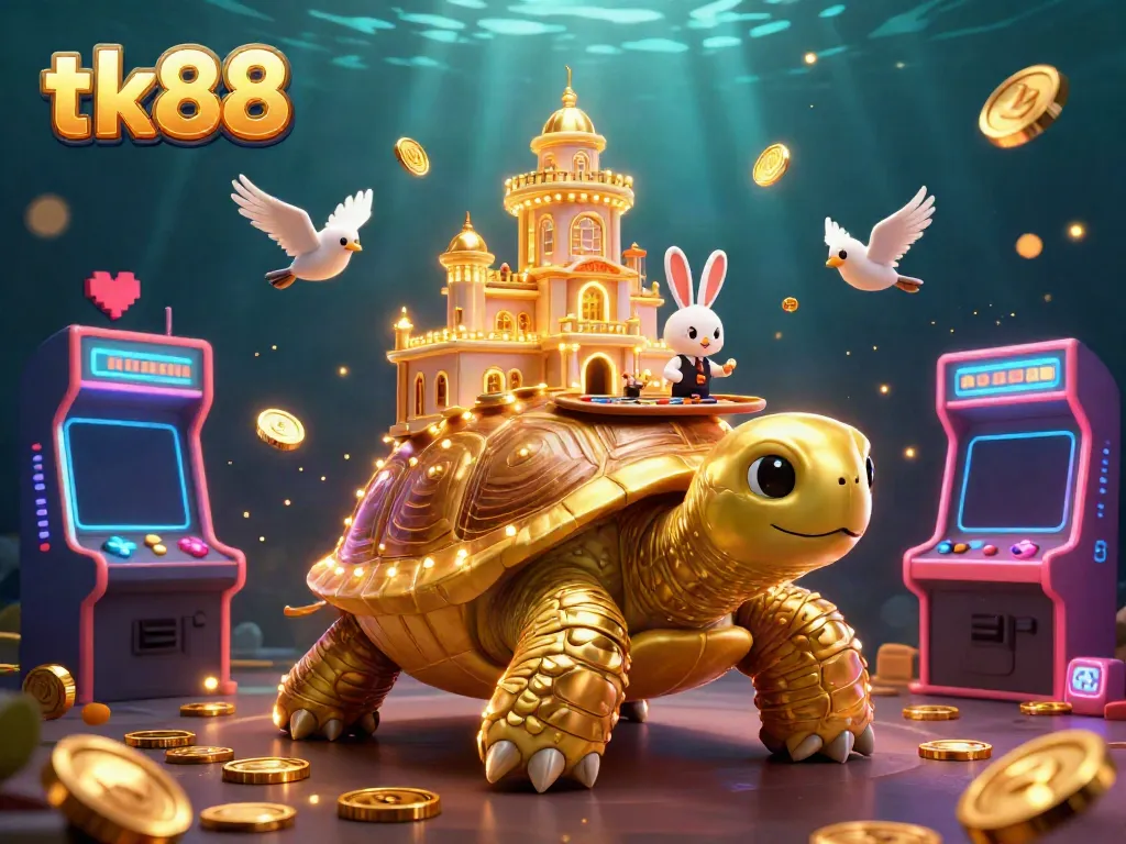 Experience gaming excitement with a dynamic scene featuring tk88 casino elements, including a golden tortoise and rabbit dealer.