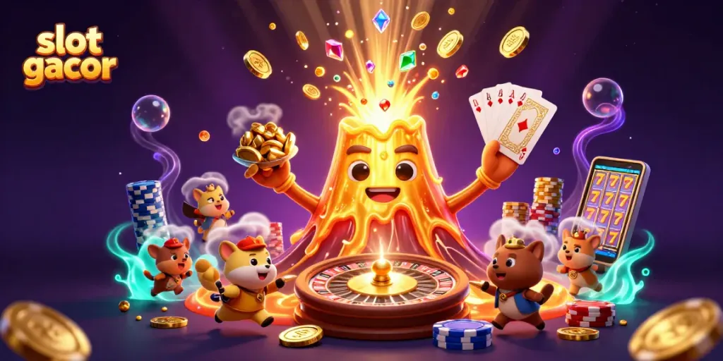 Experience bonuses and jackpots in slot gacor amidst a dynamic 3D casino illustration packed with treasures and excitement.